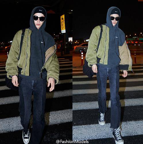 孙坚近期街拍曝光 飞行员外套+帽衫时尚温暖两不误