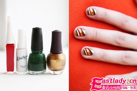 DIY红绿金三色圣诞条纹美甲