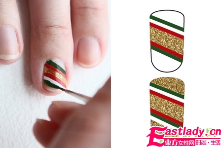 DIY红绿金三色圣诞条纹美甲