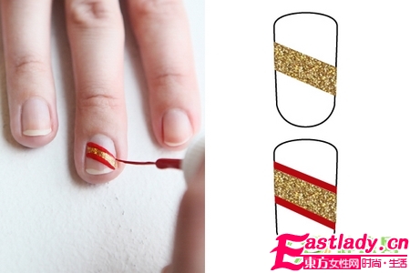DIY红绿金三色圣诞条纹美甲