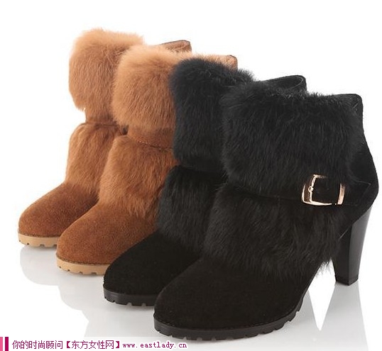 兔毛皮带粗跟小短靴 挡不住的诱惑
